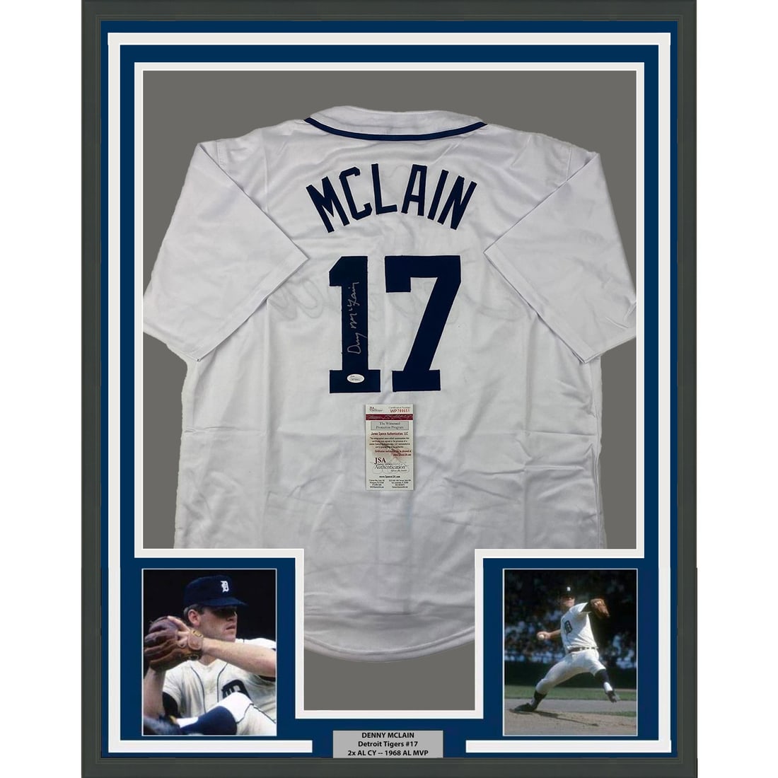 Denny McLain signed Detroit white jersey framed 33x42 JSA COA: Denny McLain signed Detroit white jersey framed 33x42 JSA COA This professionally framed and matted display features a Detroit Tigers white jersey autographed by Denny McLain. The jersey is accompanie