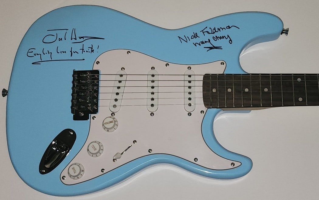 Autographed Guitar Featuring Wang Chung Nick Feldman Jack Hues With Song Title BAS: Autographed Guitar Featuring Wang Chung Nick Feldman Jack Hues With Song Title BAS This original guitar and guitar pick have been autographed by members of the Wang Chung Band, Nick Feldman and Jack H
