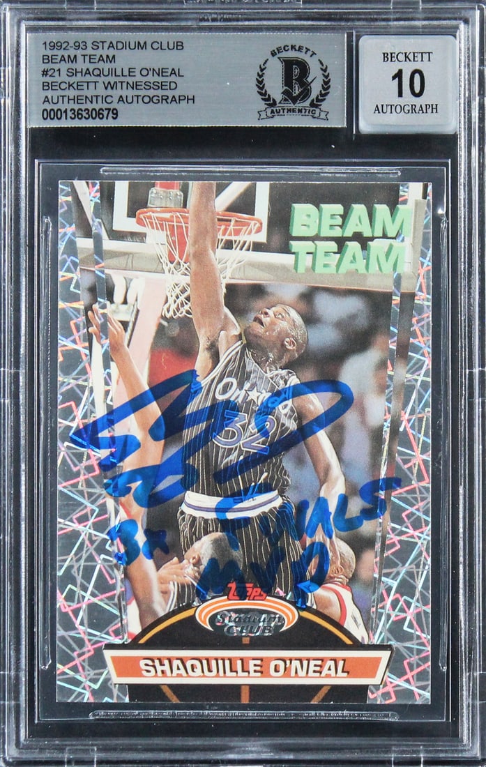 Shaquille O'Neal Autographed 1992 Beam Team Rookie Card BAS Gem Mint 10 Slabbed: Shaquille O'Neal Autographed 1992 Beam Team Rookie Card BAS Gem Mint 10 Slabbed This is a 1992 Stadium Club Beam Team #21 rookie card featuring Shaquille O'Neal from the Orlando Magic. The card has be