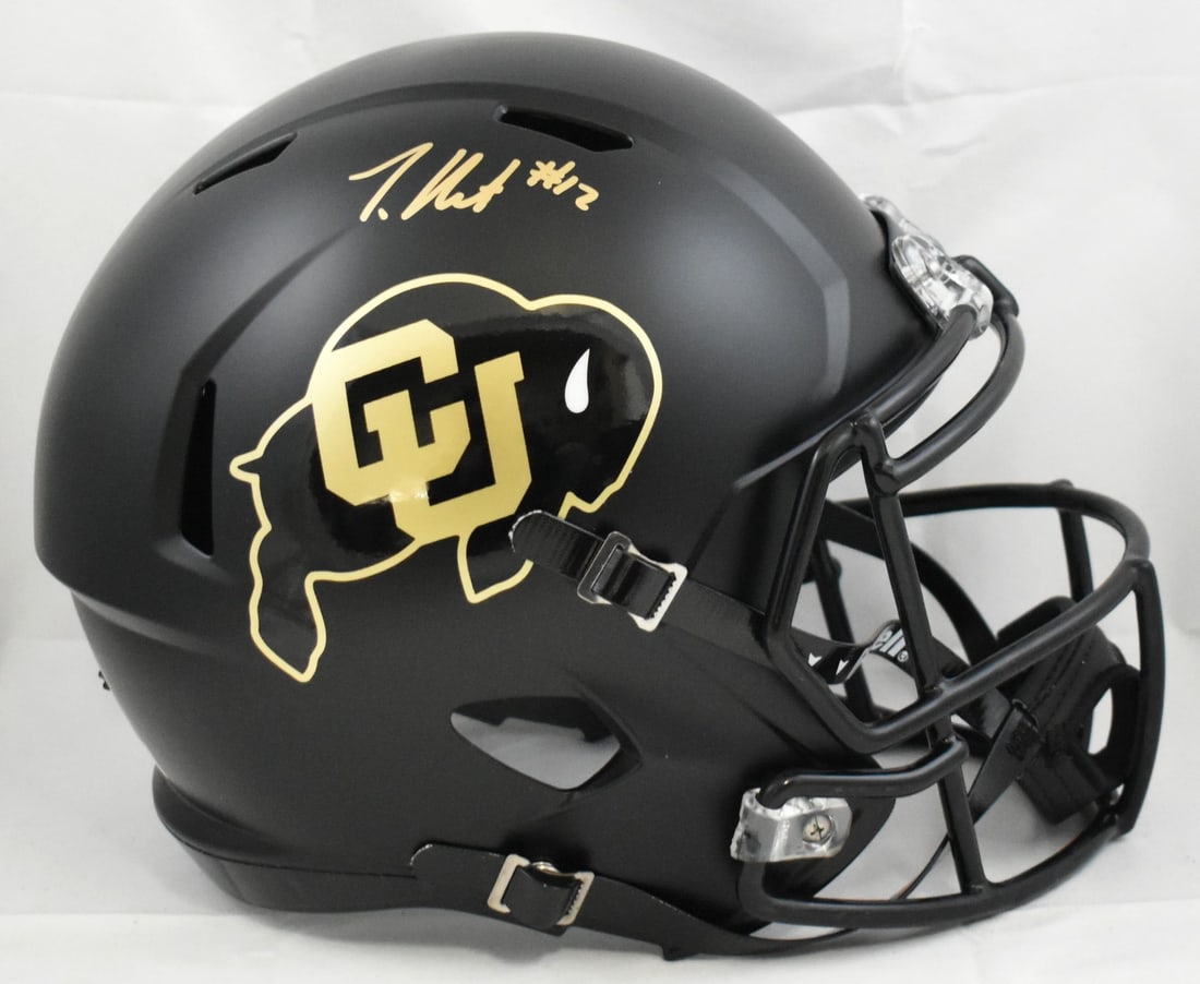Colorado Buffaloes Full Size Black Speed Helmet Signed by Travis Hunter Beckett Holo: Colorado Buffaloes Full Size Black Speed Helmet Signed by Travis Hunter Beckett Holo This is a pre-owned Colorado Buffaloes full-size black Speed helmet signed by Travis Hunter. The helmet is an origi