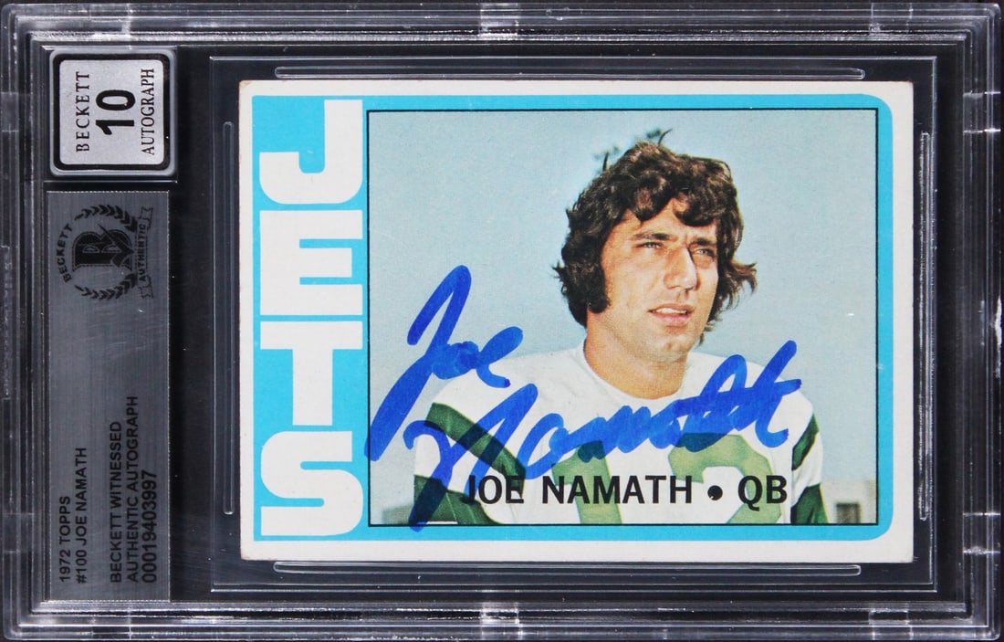 Joe Namath Signed 1972 Topps Card Beckett 10 Auto New York Jets Slabbed: Joe Namath Signed 1972 Topps Card Beckett 10 Auto New York Jets Slabbed This is an original 1972 Topps #100 football card featuring Joe Namath of the New York Jets. The card has been personally signed