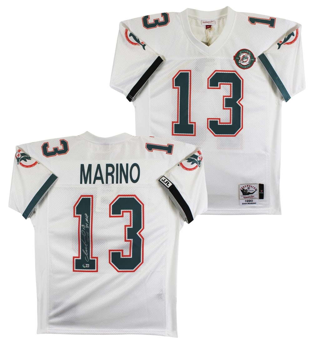 Dan Marino autographed Mitchell Ness 1990 throwback Dolphins jersey BAS: Dan Marino autographed Mitchell Ness 1990 throwback Dolphins jersey BAS Autographed white 1990 Silver Season throwback Mitchell & Ness jersey personally signed by Dan Marino of the Miami Dolphins, wit
