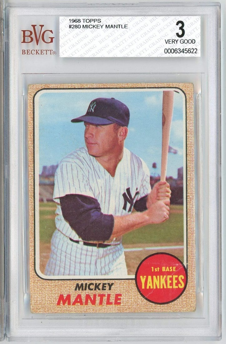 1968 Topps Mickey Mantle Card BGS 3 Very Good Yankees: 1968 Topps Mickey Mantle Card BGS 3 Very Good Yankees This is an original 1968 Topps Mickey Mantle #280 baseball card, professionally graded and encapsulated by Beckett Grading Services (BGS) with a g