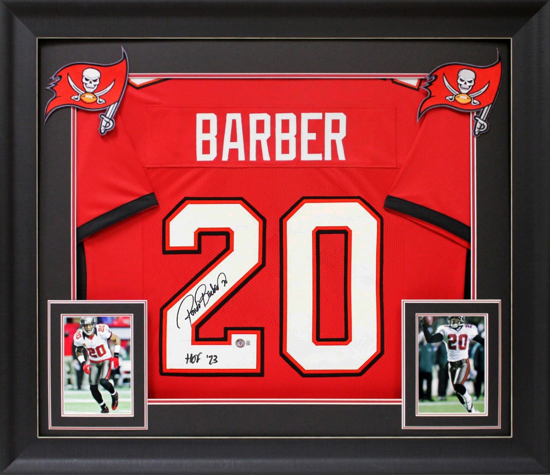 Framed Ronde Barber Signed Red Pro Style Jersey BAS Witnessed HOF 23: Framed Ronde Barber Signed Red Pro Style Jersey BAS Witnessed HOF 23 This autographed alternate red pro style framed jersey has been personally signed by Ronde Barber of the Tampa Bay Buccaneers. It i