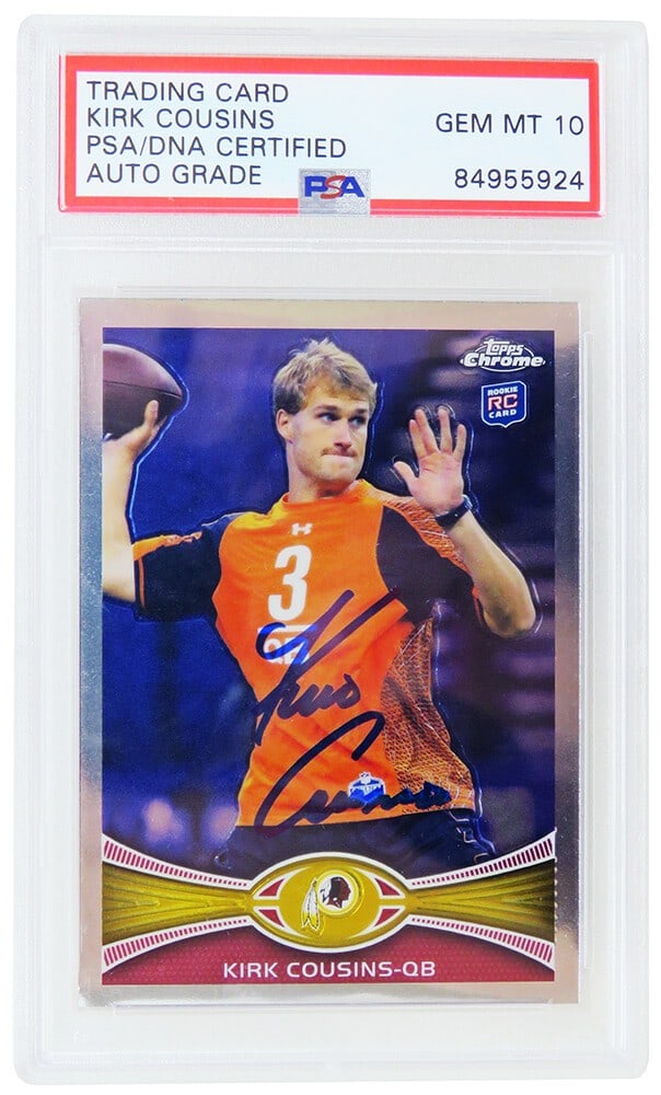Kirk Cousins Signed 2012 Topps Chrome Rookie Card PSA GEM Mint 10: Kirk Cousins Signed 2012 Topps Chrome Rookie Card PSA GEM Mint 10 This Kirk Cousins signed 2012 Topps Chrome rookie trading card #146 is a must-have for any football memorabilia collector. The card fe