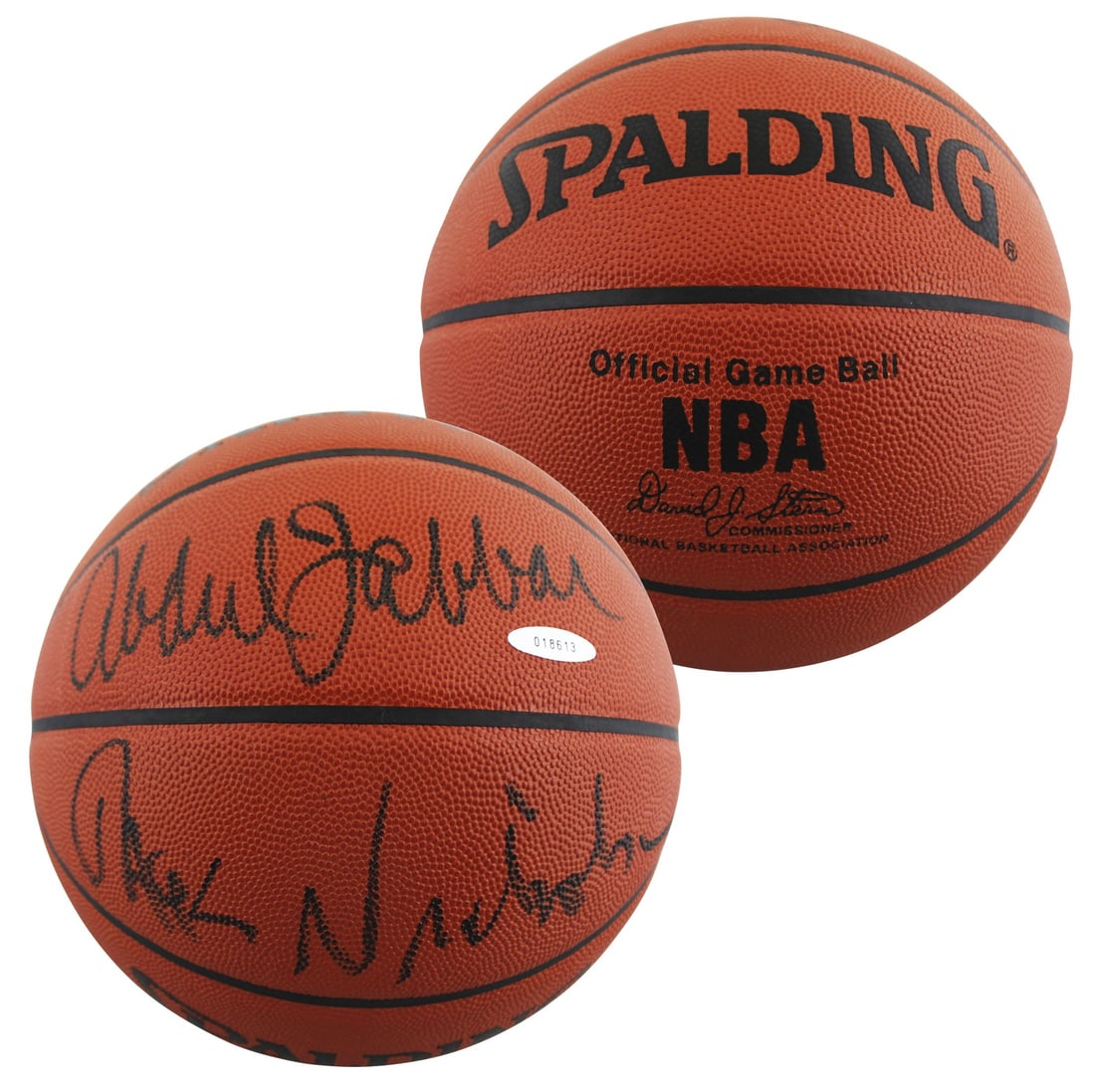 Jack Nicholson Kareem Abdul-Jabbar Signed Spalding Basketball JSA Certified: Jack Nicholson Kareem Abdul-Jabbar Signed Spalding Basketball JSA Certified This original Spalding Official Game Ball basketball features the signatures of the legendary actor Jack Nicholson and NBA s