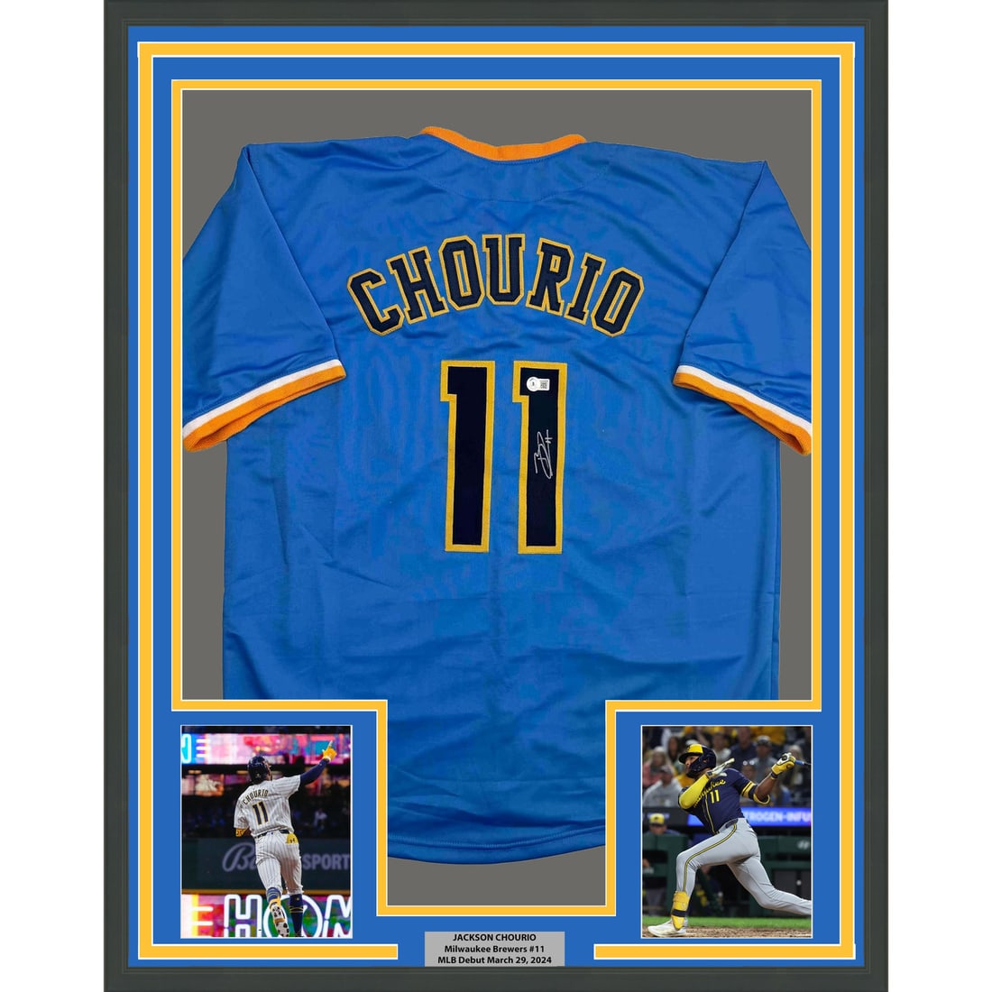 Jackson Chourio Framed Blue Milwaukee Jersey BAS COA 35x39 (1 of 2)