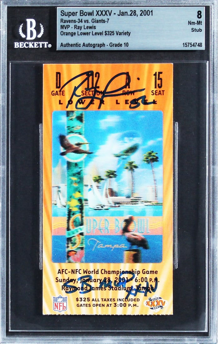 Ray Lewis Signed Super Bowl XXXV Ticket Stub With SB MVP Inscription Beckett Slab (1 of 2)