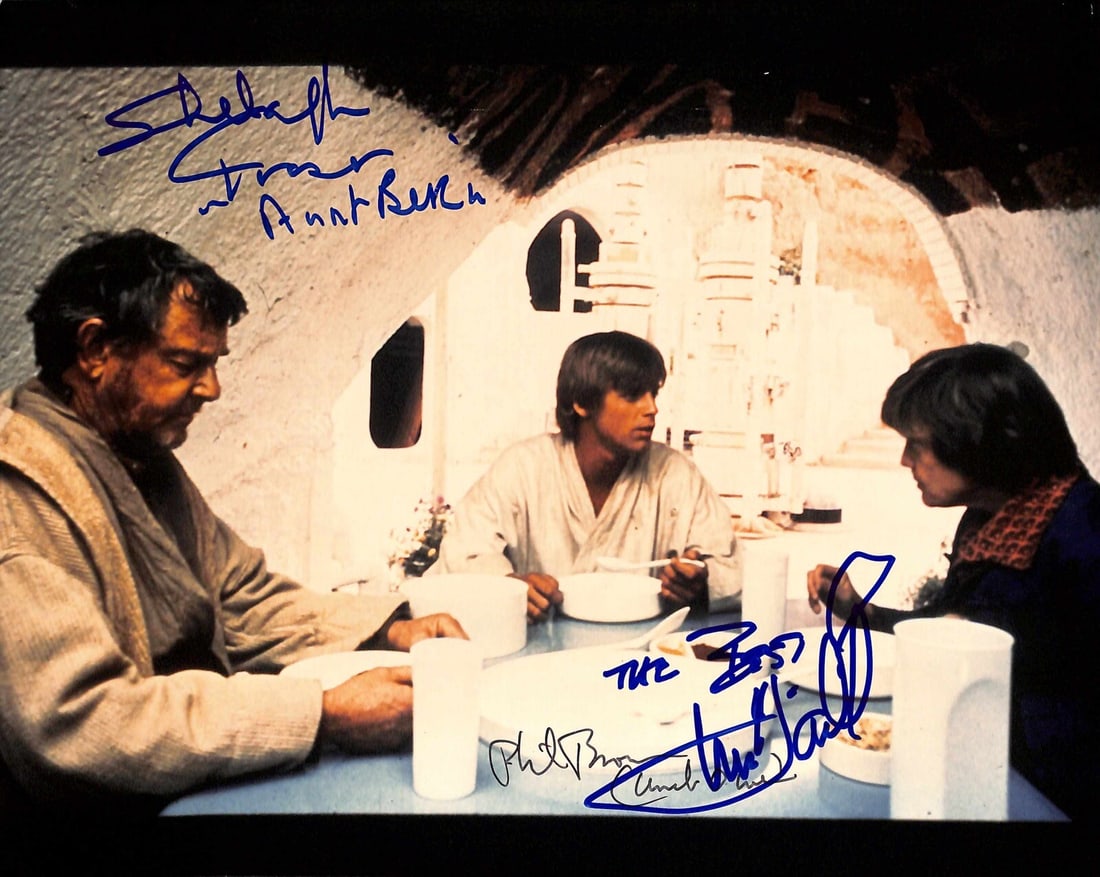 8x10 Star Wars Photo Signed by Mark Hamill Shelagh Fraser Phil Brown Beckett LOA: 8x10 Star Wars Photo Signed by Mark Hamill Shelagh Fraser Phil Brown Beckett LOA This is an original 8x10 color photograph from Star Wars, featuring the Owen homestead scene. The photograph is signed 