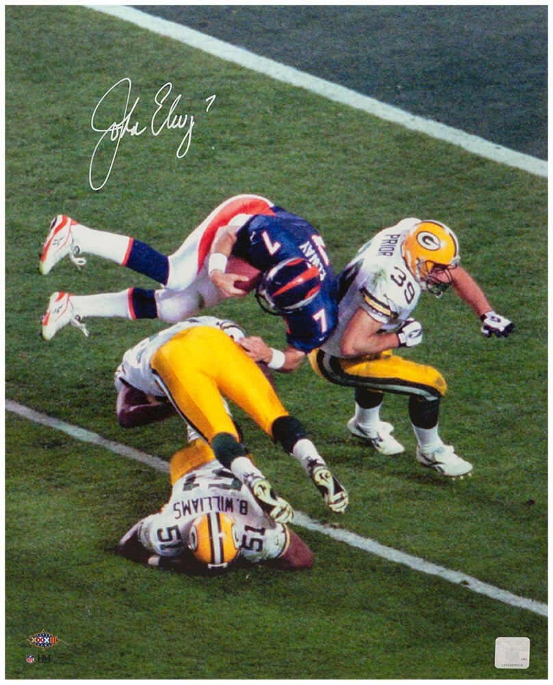 Signed John Elway Denver Broncos Super Bowl XXXII 16x20 Photo: Signed John Elway Denver Broncos Super Bowl XXXII 16x20 Photo This is a 16x20 photo featuring John Elway of the Denver Broncos, capturing the iconic 'Helicopter Hit' moment from Super Bowl XXXII. The 