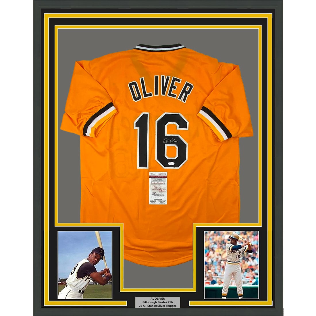 Al Oliver Signed Pittsburgh Pirates Framed Jersey JSA COA 33x42: Al Oliver Signed Pittsburgh Pirates Framed Jersey JSA COA 33x42 This professionally framed and matted Pittsburgh Pirates yellow jersey features the autograph of Al Oliver. The display includes two 8x1