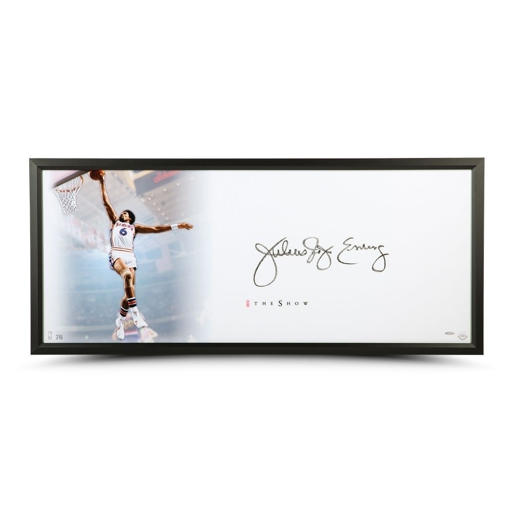 Julius Erving Signed Framed 20x46 Photo 76ers Upper Deck Authenticated: Julius Erving Signed Framed 20x46 Photo 76ers Upper Deck Authenticated Celebrate the legacy of basketball legend Julius Erving with this stunning, framed 20" x 46" photo. This original piece captures 