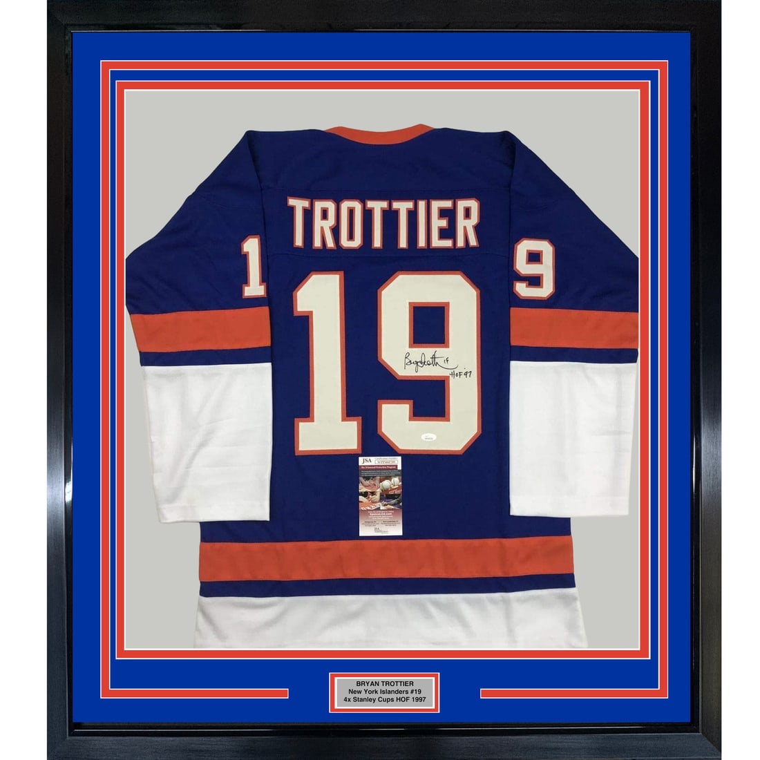 Framed Autographed Bryan Trottier Jersey HOF 97 JSA COA 33x42 NY Islanders (1 of 2)