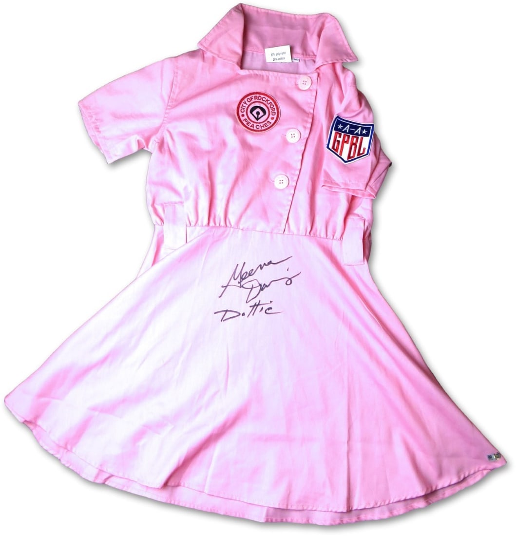 MLB authenticated Geena Davis signed jersey dress Peaches: MLB authenticated Geena Davis signed jersey dress Peaches This is a Geena Davis autographed jersey dress from the film "A League of Their Own," representing the Peaches team. The jersey dress is hand-