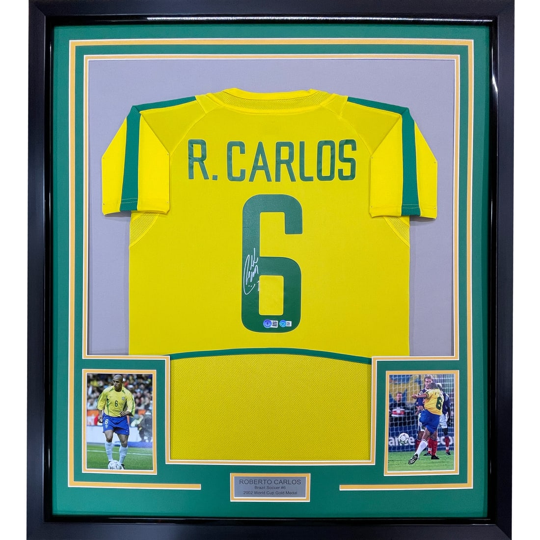 Roberto Carlos framed Brazil yellow jersey with Beckett COA: Roberto Carlos framed Brazil yellow jersey with Beckett COA This framed Brazil yellow jersey is autographed by Roberto Carlos and authenticated by Beckett Grading Services (BAS COA). The jersey is pro