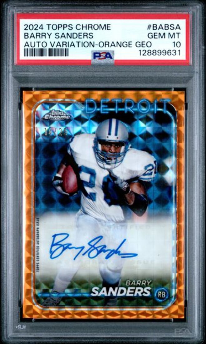 Barry Sanders 2024 Topps Chrome Orange Geo Auto Card PSA 10 Serial /25: Barry Sanders 2024 Topps Chrome Orange Geo Auto Card PSA 10 Serial /25 This is a 2024 Topps Chrome Barry Sanders #BABSA Orange Geo Autograph card, serial numbered out of 25. The card features an on-ca
