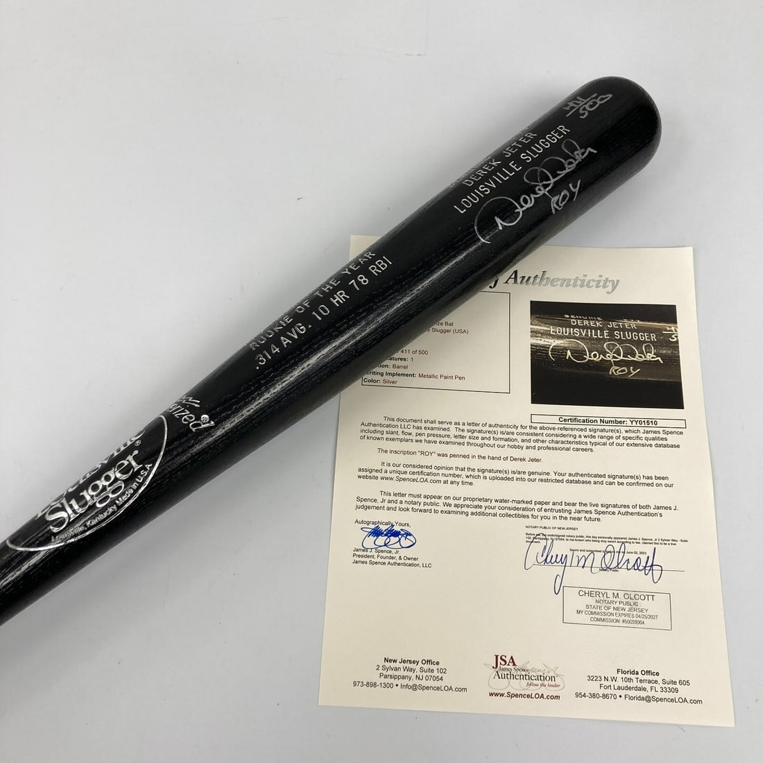 Derek Jeter 1996 Rookie Signed Game Model Bat JSA COA: Derek Jeter 1996 Rookie Signed Game Model Bat JSA COA Celebrate the legacy of baseball legend Derek Jeter with this stunning Rookie of the Year 1996 signed game model bat. This original bat features J