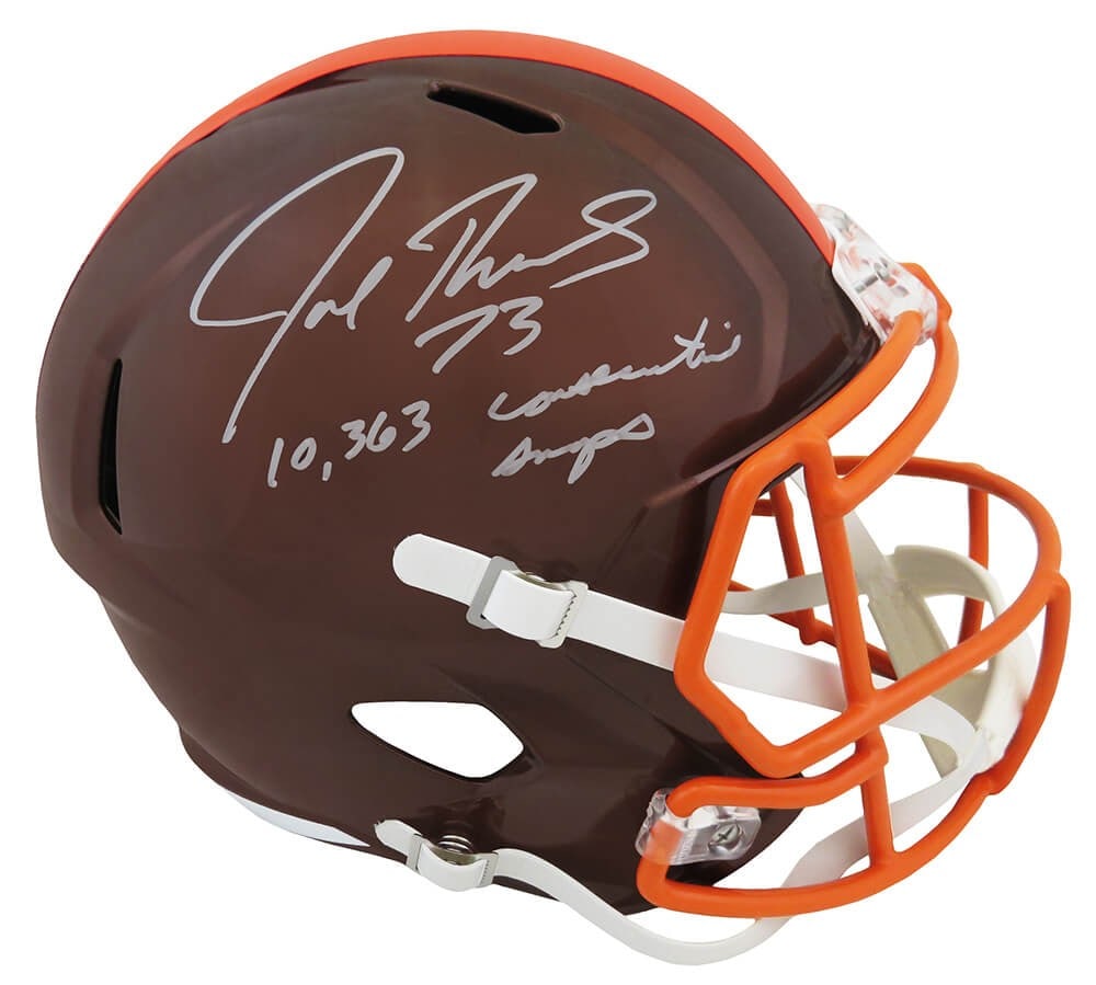 Joe Thomas Flash Riddell Browns Speed Replica Helmet Signed Inscribed COA: Joe Thomas Flash Riddell Browns Speed Replica Helmet Signed Inscribed COA This is a Cleveland Browns Flash Riddell full-size speed replica helmet, hand-signed by Joe Thomas. The helmet features the in
