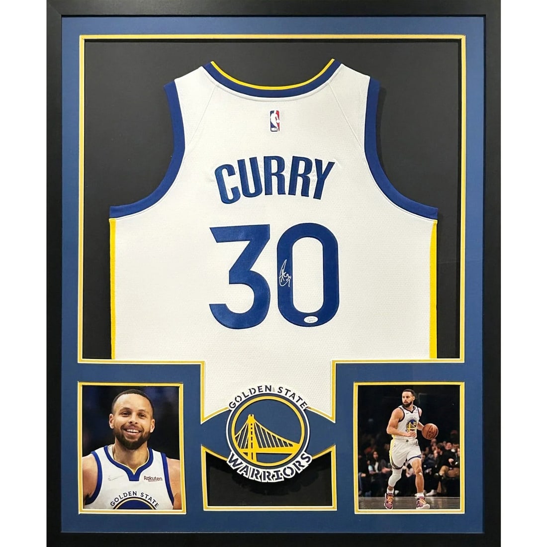 Stephen Curry Autographed Framed Jersey with JSA COA 42x34: Stephen Curry Autographed Framed Jersey with JSA COA 42x34 This is an autographed jersey of NBA star Stephen Curry, elegantly framed and authenticated by JSA, a leader in sports memorabilia certificat
