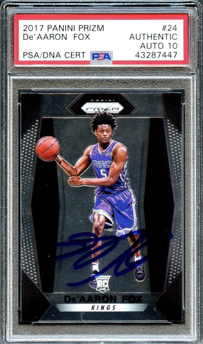 2017 Panini Prizm De'Aaron Fox Signed Card PSA 10: 2017 Panini Prizm De'Aaron Fox Signed Card PSA 10 Capture a piece of basketball history with this 2017 Panini Prizm trading card featuring a bold autograph from De'Aaron Fox of the Sacramento Kings. T