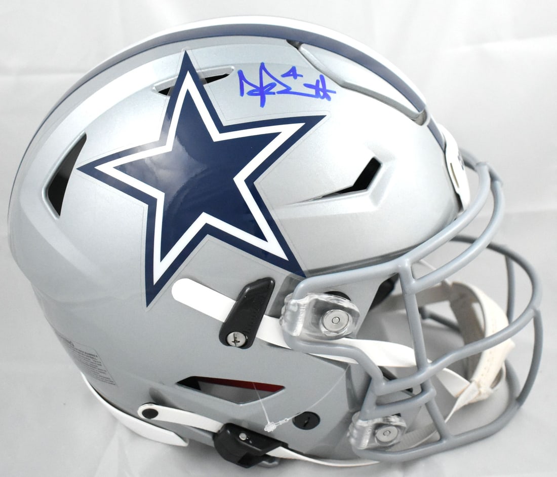 Dallas Cowboys Speedflex Helmet Autographed by Dak Prescott Beckett Holo: Dallas Cowboys Speedflex Helmet Autographed by Dak Prescott Beckett Holo This Dallas Cowboys full-size Speedflex helmet features an authentic autograph from Dak Prescott. The helmet is an original ite