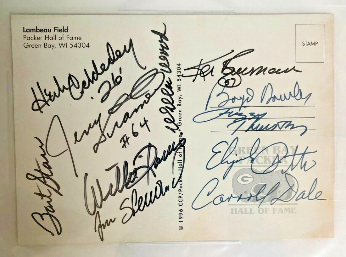 Lambeau Field Postcard Signed by 11 Packers Legends BAS: Lambeau Field Postcard Signed by 11 Packers Legends BAS This remarkable Lambeau Field postcard commemorates the legendary Green Bay Packers and is signed by 11 iconic players from Super Bowl I. The la