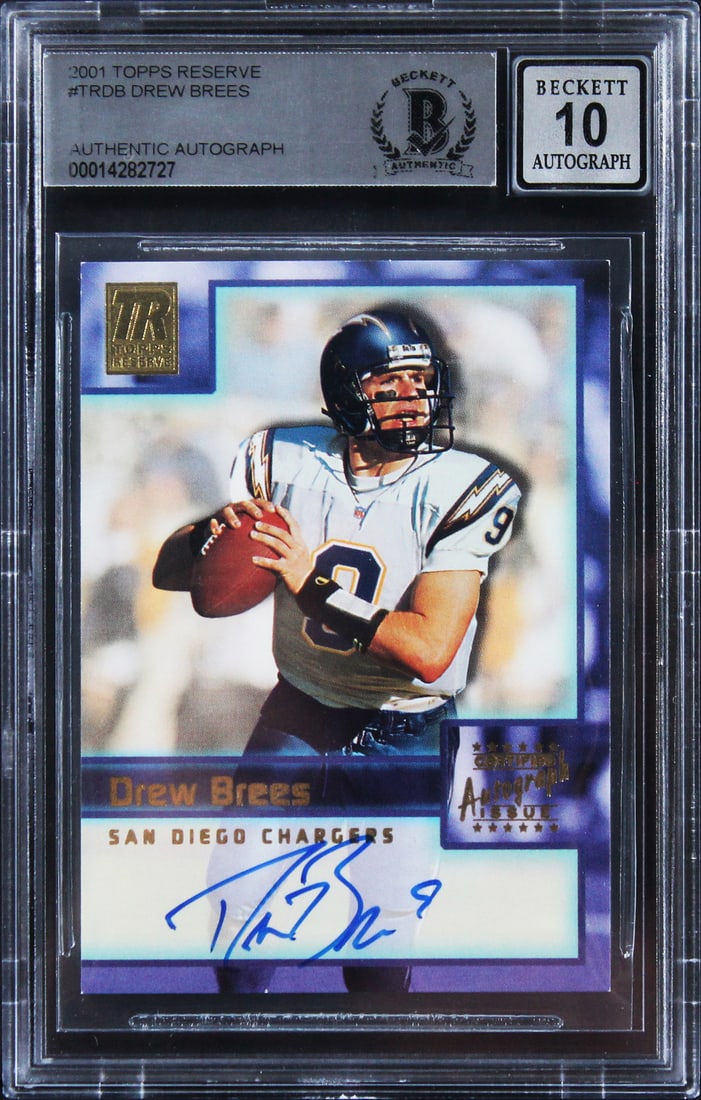 Drew Brees Signed 2001 Topps Reserve RC Card Gem Mint 10 Beckett Slabbed: Drew Brees Signed 2001 Topps Reserve RC Card Gem Mint 10 Beckett Slabbed This is a 2001 Topps Reserve #TRDB Rookie Card featuring Drew Brees, personally signed by the NFL star. Graded a Gem Mint 10 by