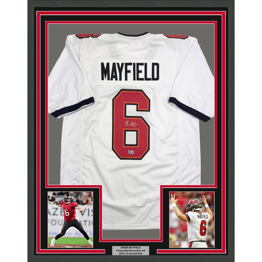 Baker Mayfield Signed Tampa Bay Jersey Framed 35x39 Beckett Authenticated: Baker Mayfield Signed Tampa Bay Jersey Framed 35x39 Beckett Authenticated This professionally framed and matted Tampa Bay Buccaneers white jersey features the authentic signature of Baker Mayfield. Th