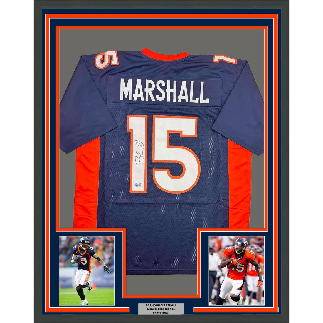 Brandon Marshall signed Denver Broncos blue jersey framed Beckett COA 35x39: Brandon Marshall signed Denver Broncos blue jersey framed Beckett COA 35x39 This professionally framed and matted display features a Denver Broncos blue jersey autographed by Brandon Marshall. The jer