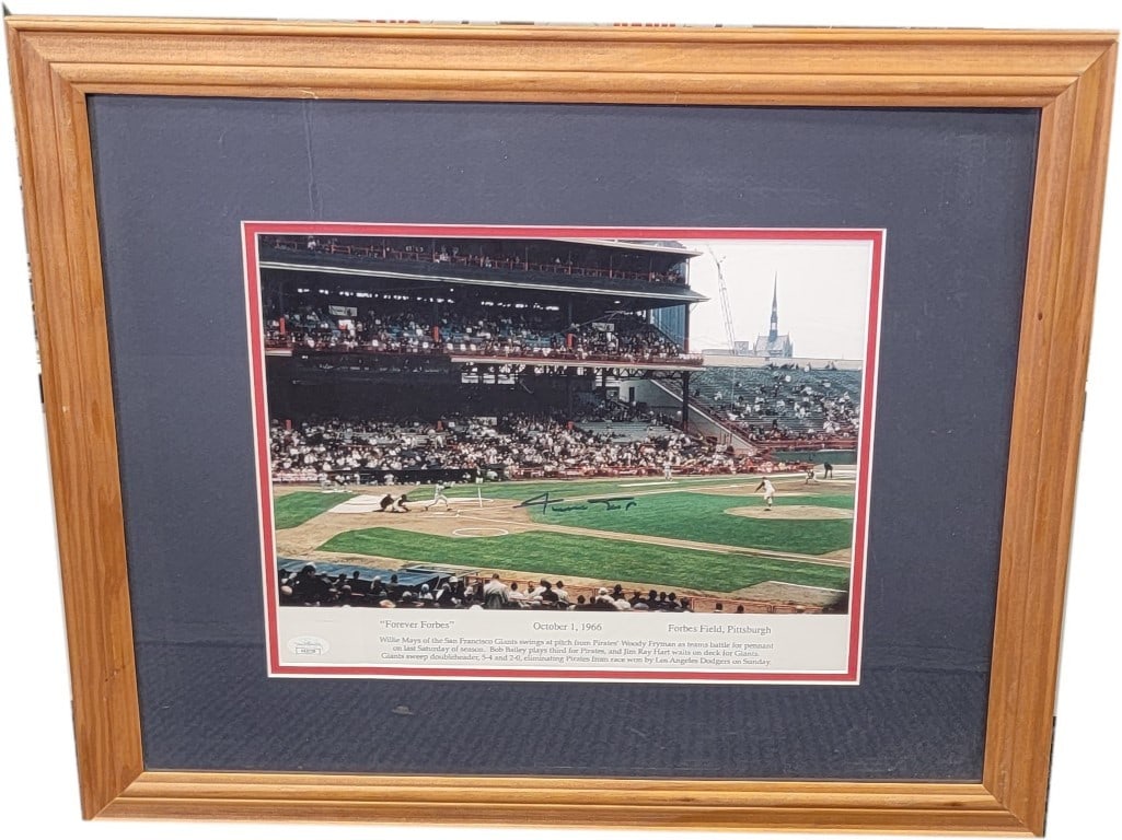 Framed Willie Mays autographed photo JSA San Francisco Giants: Framed Willie Mays autographed photo JSA San Francisco Giants This custom-framed photo features the autograph of legendary baseball player Willie Mays. The photograph is authenticated by James Spence 