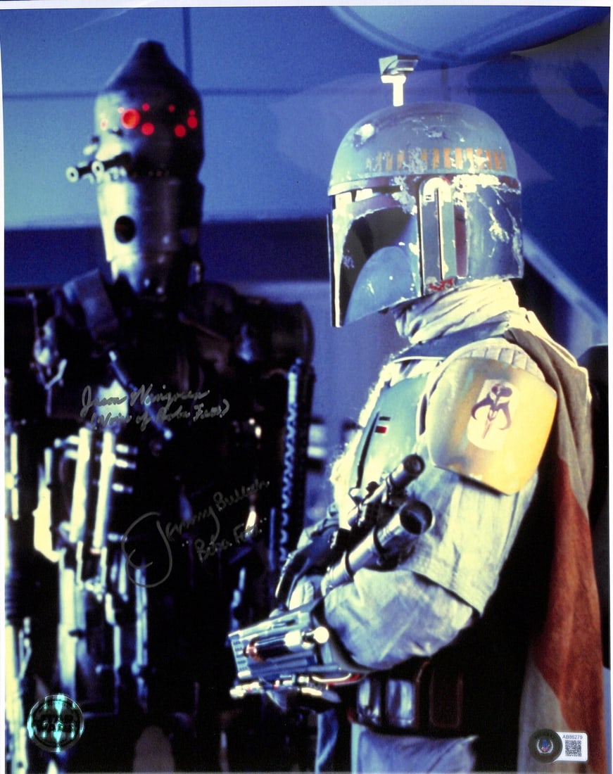 Boba Fett Signed 11x14 Photo by Bulloch and Wingreen with Beckett LOA: Boba Fett Signed 11x14 Photo by Bulloch and Wingreen with Beckett LOA This is an original autographed 11x14 color photograph featuring Boba Fett from Star Wars: Empire Strikes Back. It is signed by ac