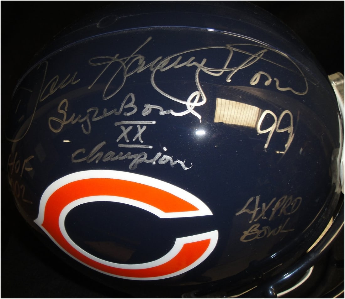 Dan Hampton Signed Full Size Replica Football Helmet JSA Authenticated: Dan Hampton Signed Full Size Replica Football Helmet JSA Authenticated This full-size replica football helmet is a must-have for any Chicago Bears fan and sports memorabilia collector. It features the