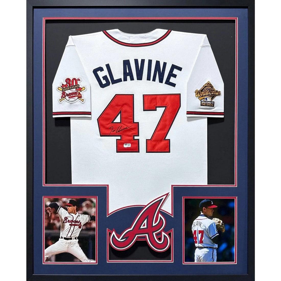 Beckett Authenticated Framed Tom Glavine Braves Signed Jersey: Beckett Authenticated Framed Tom Glavine Braves Signed Jersey This framed Atlanta Braves jersey is autographed by Tom Glavine and features team patches. The jersey is authenticated by Beckett and incl