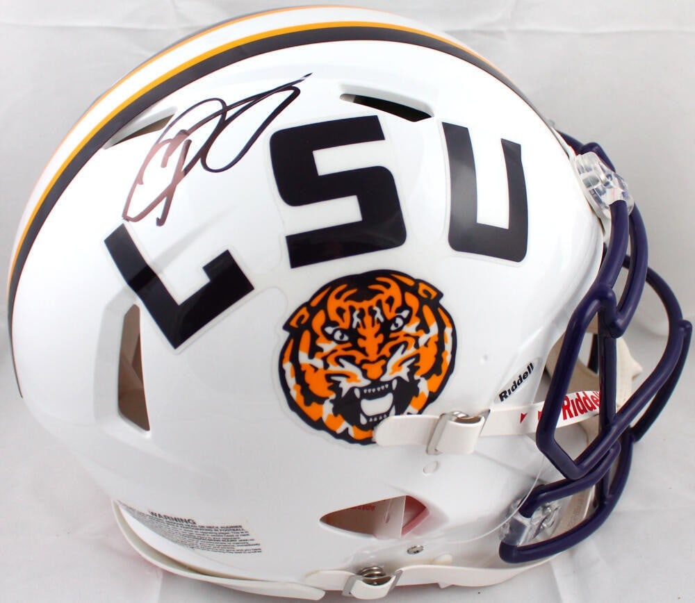 LSU Tigers full size Speed authentic helmet signed by Odell Beckham Jr BAS: LSU Tigers full size Speed authentic helmet signed by Odell Beckham Jr BAS Authentic LSU Tigers full-size white Speed football helmet signed by Odell Beckham Jr. The helmet is listed as original and c