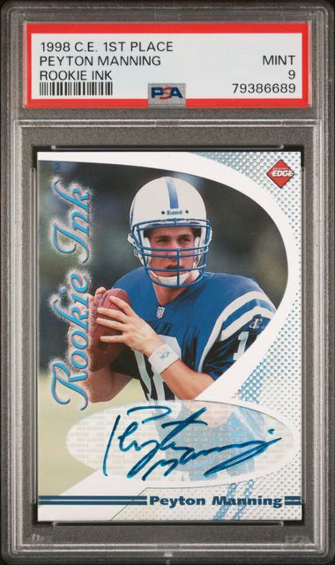 1998 Collectors Edge Peyton Manning Rookie Autographed Card PSA 9: 1998 Collectors Edge Peyton Manning Rookie Autographed Card PSA 9 This is a graded 1998 Collectors Edge Peyton Manning Rookie Ink Football Card, featuring the iconic quarterback during his rookie seas