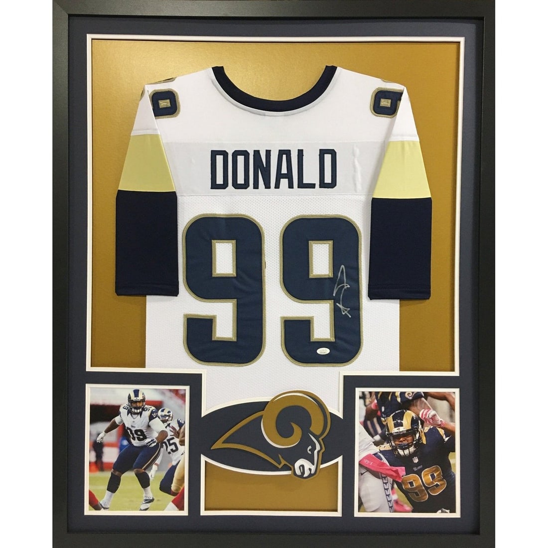 Framed Aaron Donald Autographed Jersey With JSA Authentication Los Angeles Rams: Framed Aaron Donald Autographed Jersey With JSA Authentication Los Angeles Rams This is an original Los Angeles Rams jersey autographed by Aaron Donald. The jersey is professionally framed and comes w