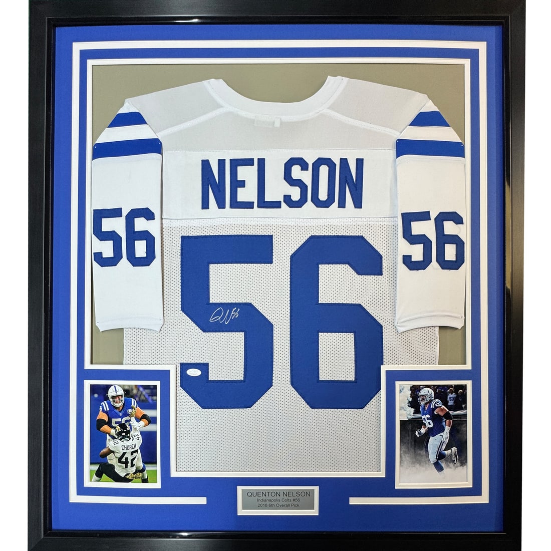 Framed Quenton Nelson Autographed Jersey 33x42 with JSA COA: Framed Quenton Nelson Autographed Jersey 33x42 with JSA COA This professionally framed and matted autographed Quenton Nelson jersey is a must-have for any Indianapolis Colts fan. The jersey, measuring