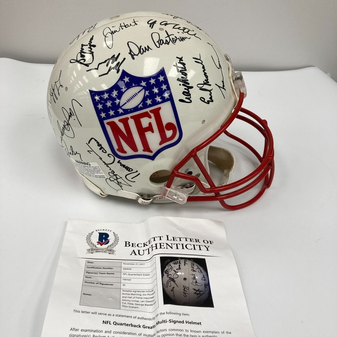 30 Autographed Quarterback Legends Helmet Beckett COA Johnny Unitas Len Dawson: 30 Autographed Quarterback Legends Helmet Beckett COA Johnny Unitas Len Dawson Own a piece of football history with this authentic Riddell helmet featuring an impressive collection of 30 signatures fr