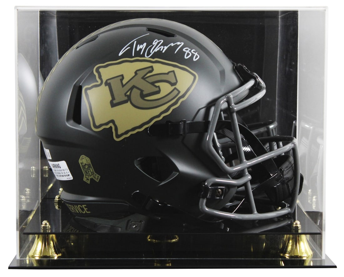 Tony Gonzalez autographed Chiefs Speed Replica Helmet with display case: Tony Gonzalez autographed Chiefs Speed Replica Helmet with display case This Kansas City Chiefs Salute To Service IV Riddell full-size Speed replica helmet has been personally signed by Tony Gonzalez.