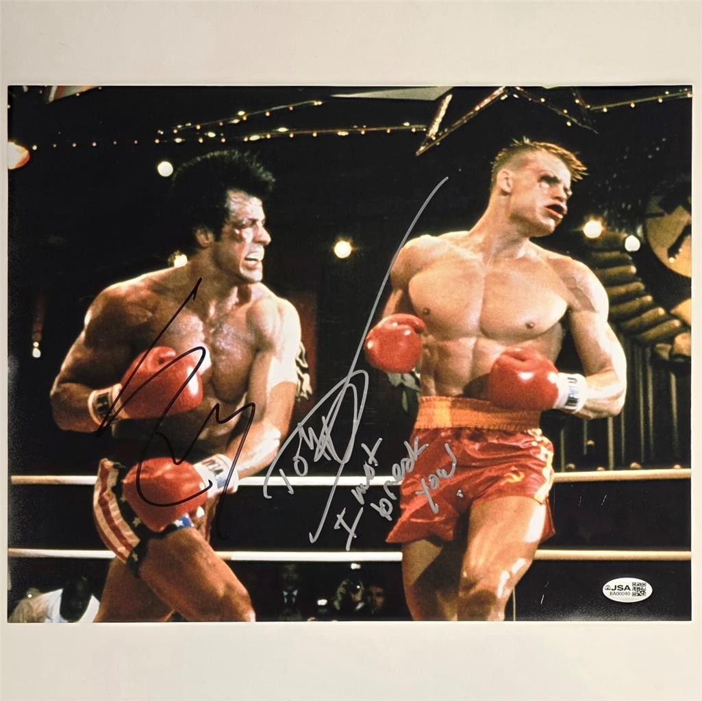 Rocky IV 11x14 Signed Photo by Stallone and Lundgren JSA: Rocky IV 11x14 Signed Photo by Stallone and Lundgren JSA This 11x14 photograph from the movie Rocky IV features authentic autographs from Sylvester Stallone and Dolph Lundgren. The item is an original