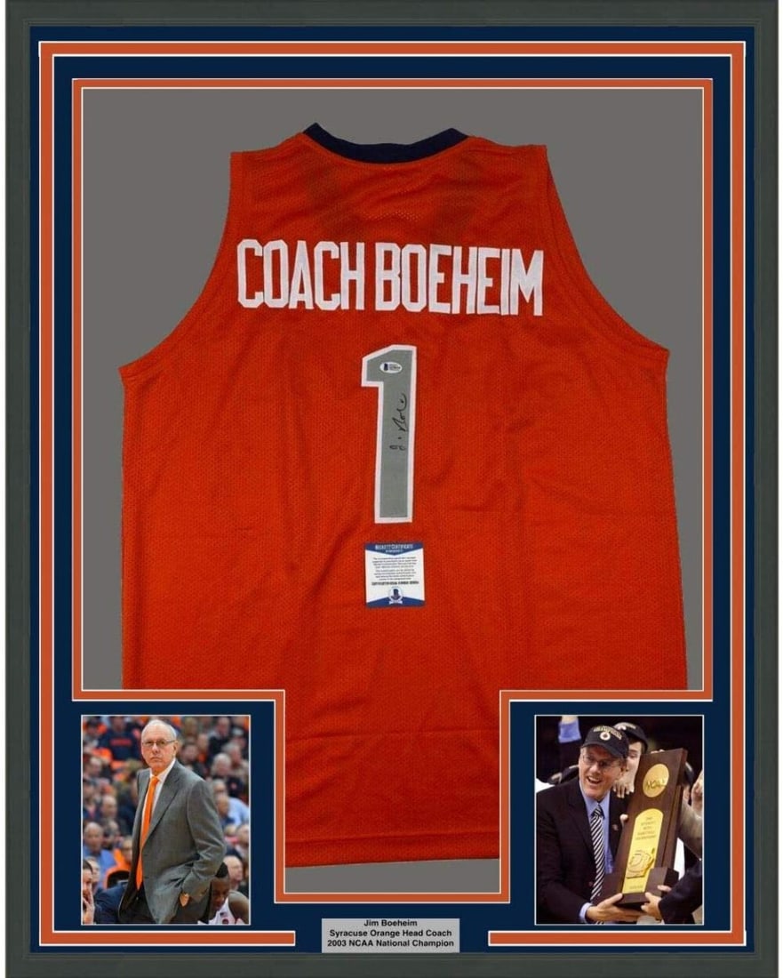 Framed Signed Jim Boeheim Syracuse Orange Jersey with Beckett COA: Framed Signed Jim Boeheim Syracuse Orange Jersey with Beckett COA Celebrate the legacy of Jim Boeheim with this professionally framed autographed Syracuse Orange coach jersey. Measuring an impressive 