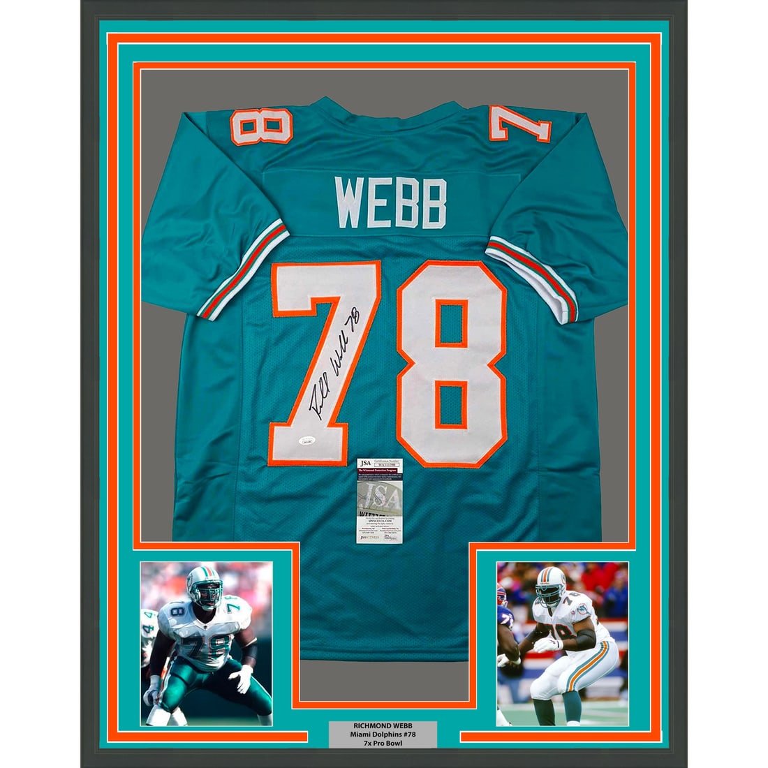 Framed Signed Richmond Webb Miami Dolphins Jersey with JSA COA: Framed Signed Richmond Webb Miami Dolphins Jersey with JSA COA This professionally framed and matted collectible features a genuine autographed teal jersey of Richmond Webb, a prominent player for the