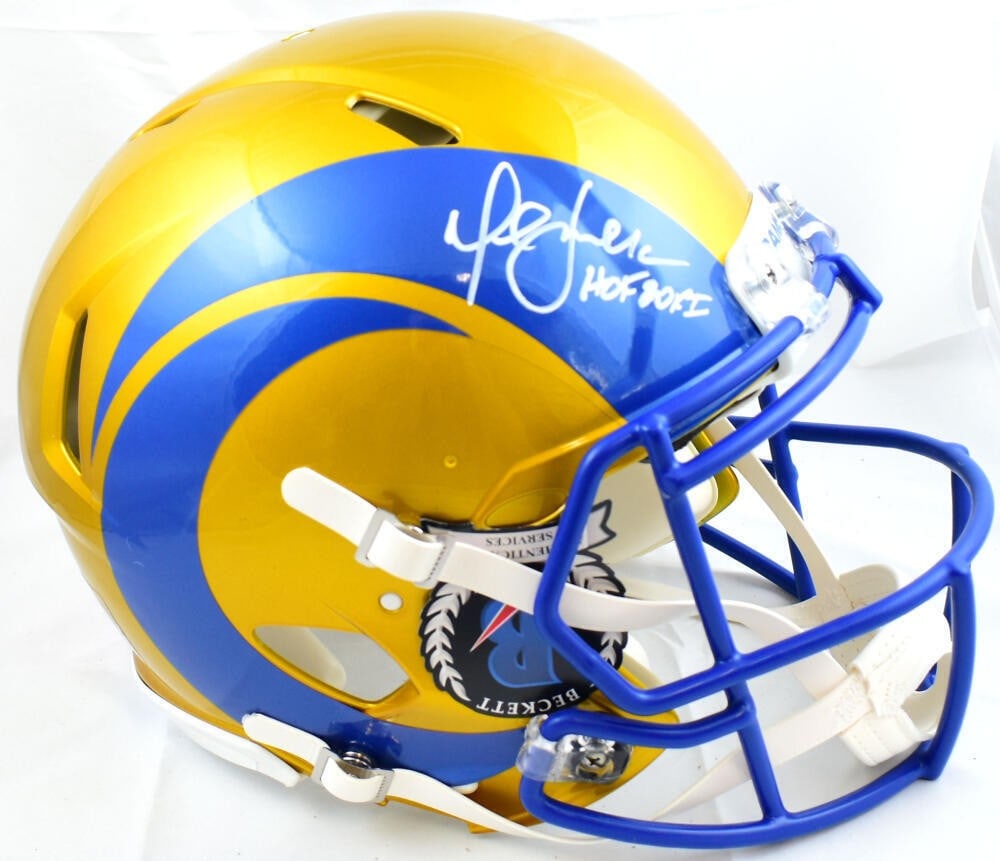 Marshall Faulk autographed Rams full size Flash Speed helmet Beckett holo: Marshall Faulk autographed Rams full size Flash Speed helmet Beckett holo This is an original, pre-owned full-size authentic helmet signed by Marshall Faulk. It represents the St. Louis Rams and inclu