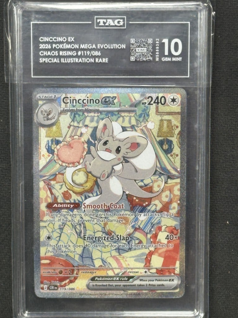 TAG 10 Cinccino EX 119 86 Special Illustration Rare Chaos Rising Card: TAG 10 Cinccino EX 119 86 Special Illustration Rare Chaos Rising Card Graded Cinccino EX Chaos Rising Special Illustration Rare card with card number 119/86. It has been authenticated and graded TAG 1