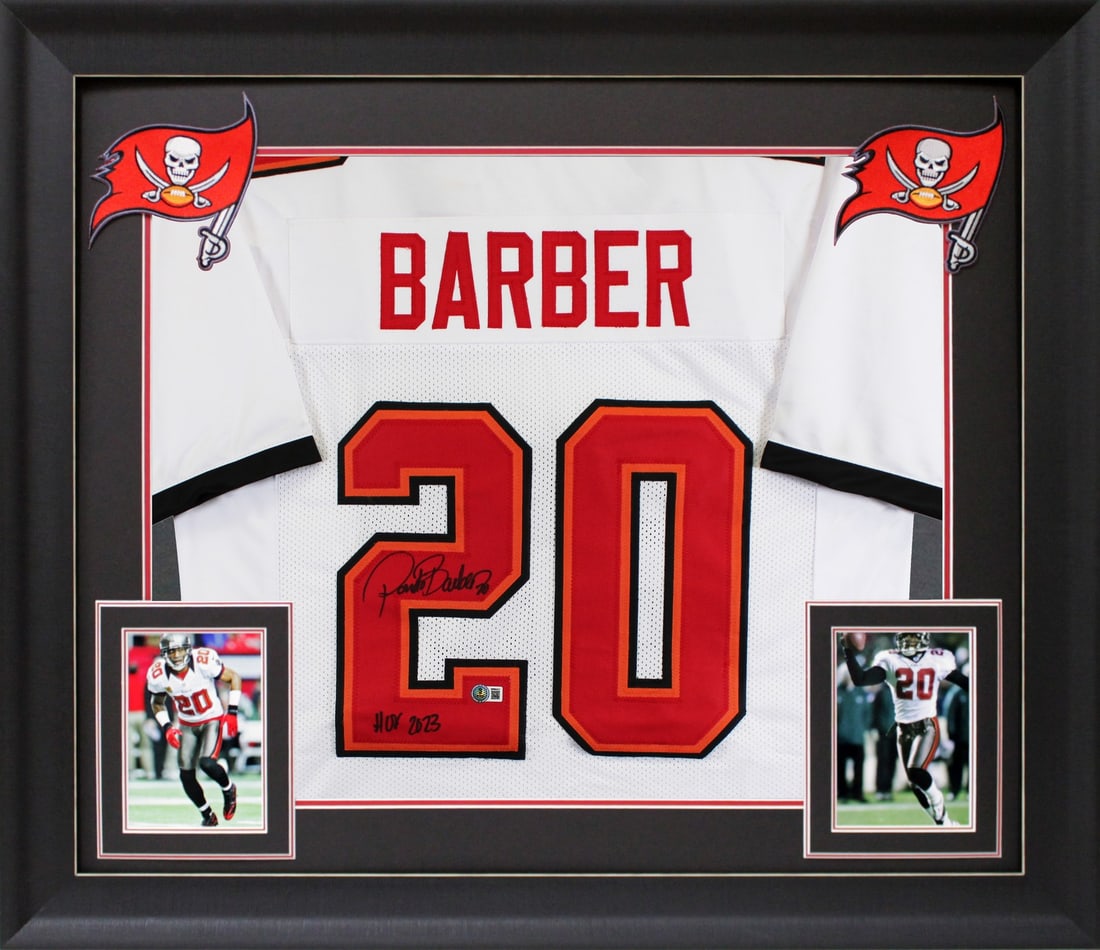 Ronde Barber signed framed white jersey HOF 23 Beckett witnessed: Ronde Barber signed framed white jersey HOF 23 Beckett witnessed This autographed white pro style framed jersey has been personally signed by Ronde Barber of the Tampa Bay Buccaneers and includes the 