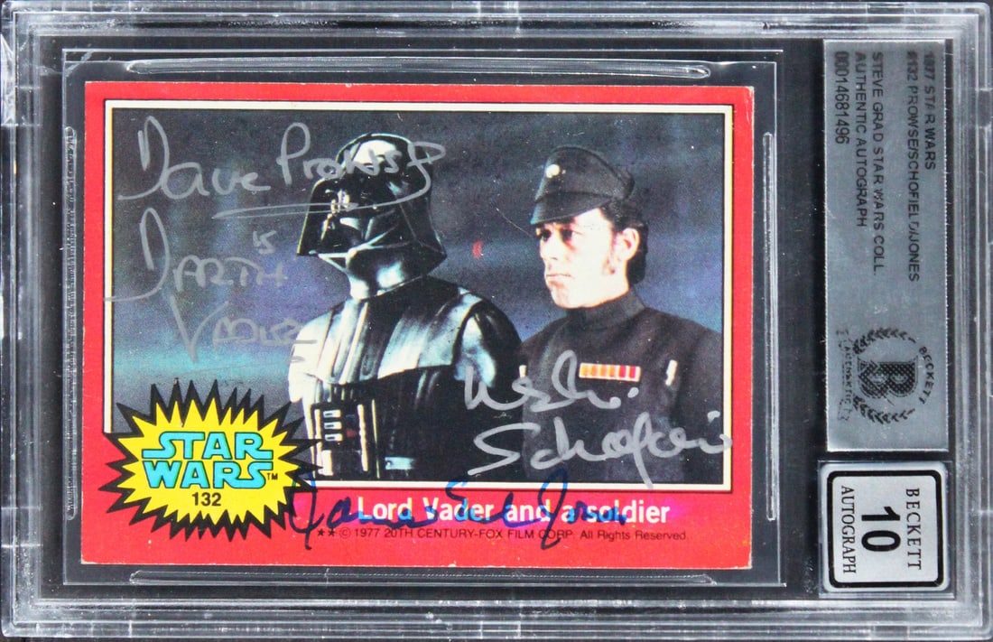 1977 Star Wars Card Signed by Prowse Jones Schofield Beckett Auto 10 Slabbed: 1977 Star Wars Card Signed by Prowse Jones Schofield Beckett Auto 10 Slabbed This is an original 1977 Star Wars #132 trading card that has been personally signed by David Prowse, Leslie Schofield, and