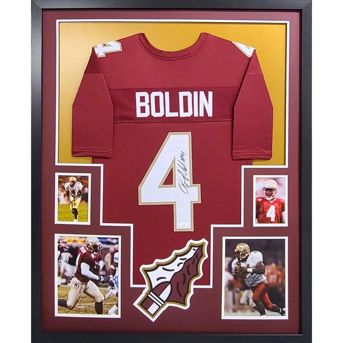 Anquan Boldin JSA Autographed Framed Jersey 42x34 UV Protected: Anquan Boldin JSA Autographed Framed Jersey 42x34 UV Protected This is an autographed Anquan Boldin framed jersey, showcasing the iconic Florida State Cardinals logo. Authenticated by JSA, a leading a