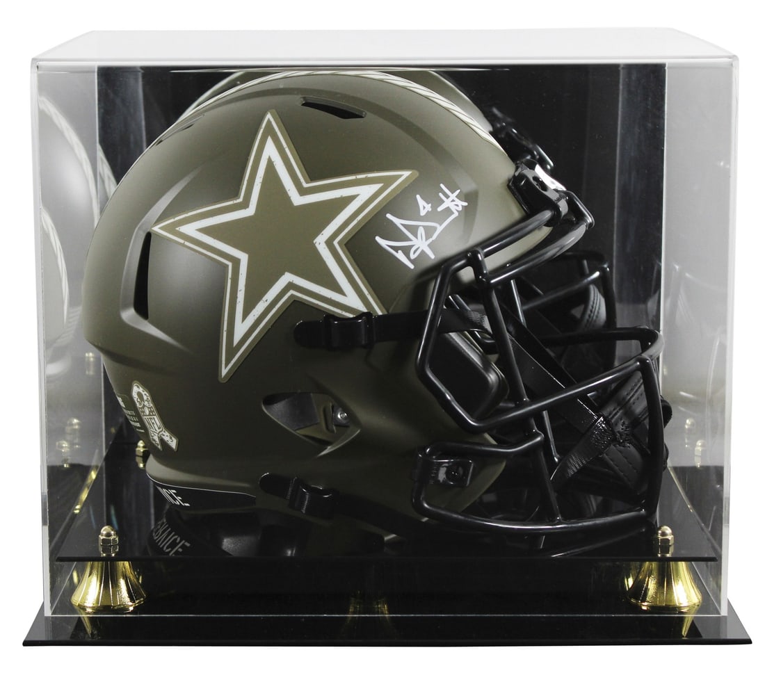 Dak Prescott Signed Cowboys Salute to Service Helmet with Display Case BAS: Dak Prescott Signed Cowboys Salute to Service Helmet with Display Case BAS This is an Original Dak Prescott Signed Full Size Speed Replica Helmet featuring a white signature. This alternate Salute To 