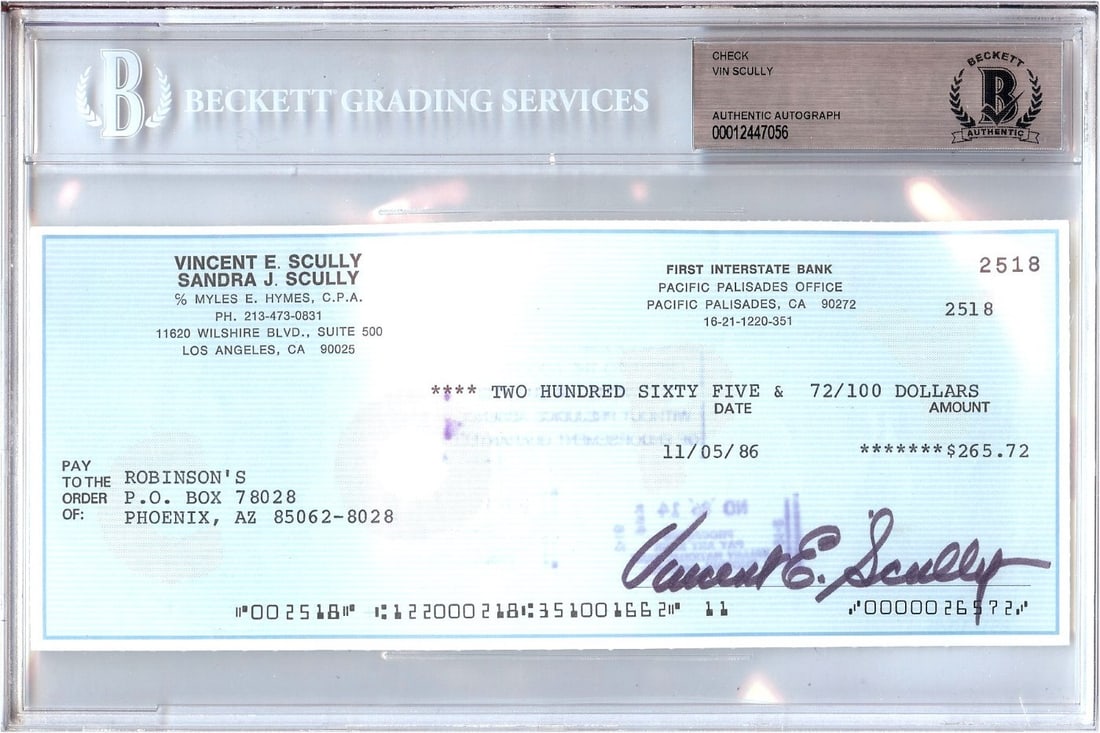 Vin Scully Handwritten Check with Beckett Authenticated Signature 1986 Los Angeles Dodgers (1 of 1)