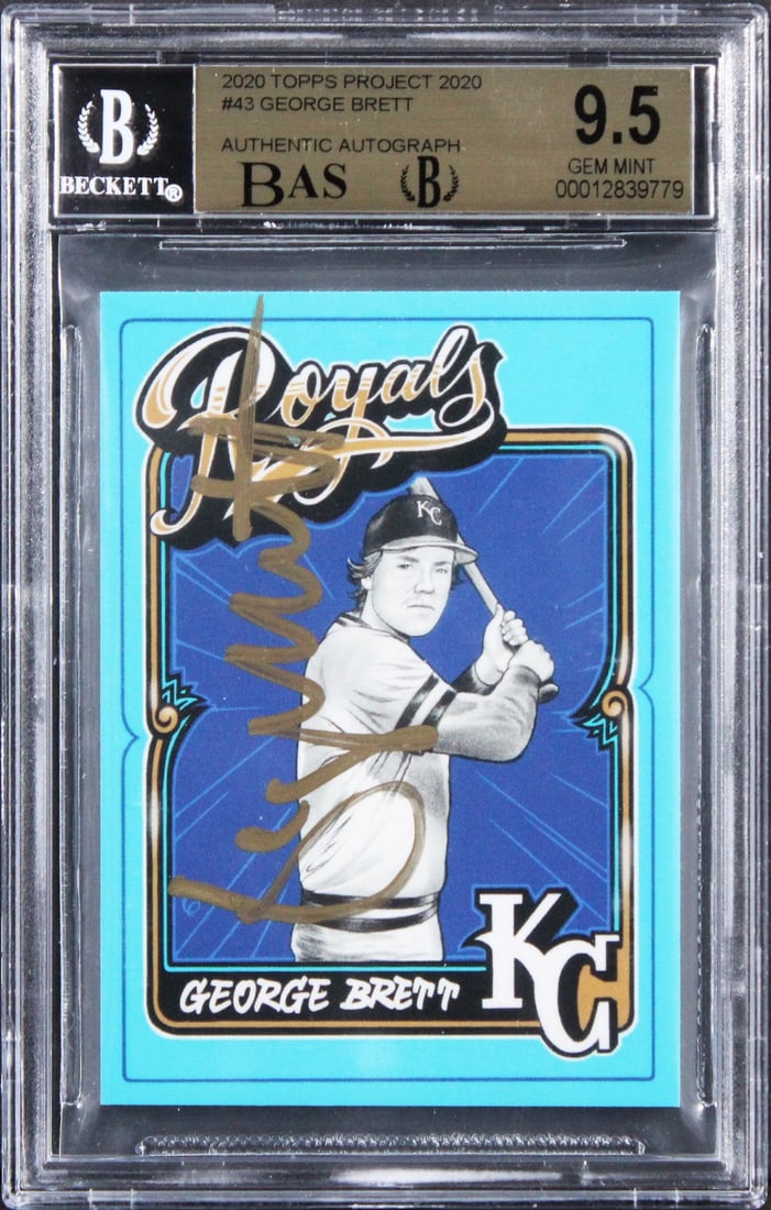 Beckett Slabbed George Brett Topps Project 2020 #43 Autographed Card: Beckett Slabbed George Brett Topps Project 2020 #43 Autographed Card This is a 2020 Topps Project 2020 #43 baseball card featuring George Brett of the Kansas City Royals. The card has been personally 